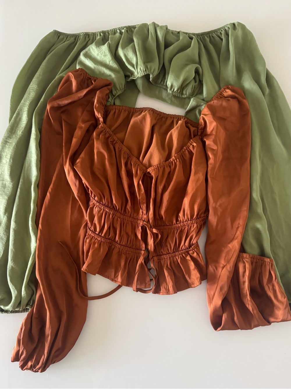 Bundle 2 Cropped Long Bell Sleeve Satin Peasant Tops: Sage and Rust